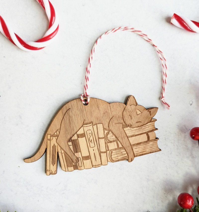 Were You Reading These? - Cat and Books Wooden Ornament